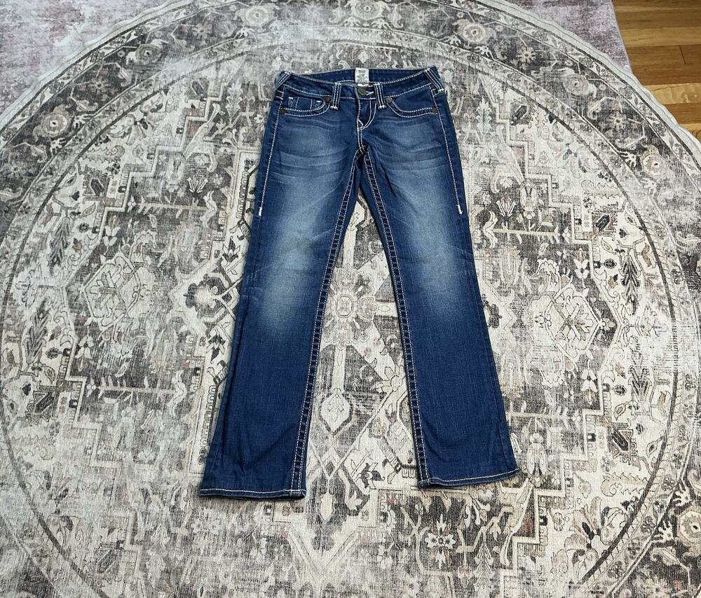 True Religion Jeans Womens 26 Blue Big T Low Rise Flare Made in USA Y2K Low Rise